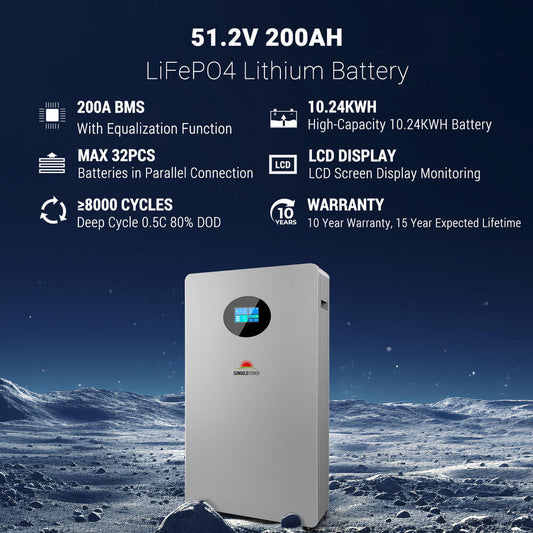 SunGoldPower 10.24kWh Lithium Battery | 51.2V 200Ah LiFePO4 Battery | 10-Year Warranty