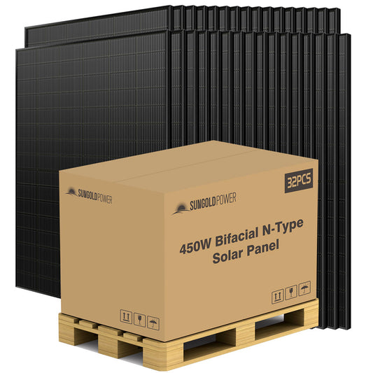 SunGoldPower 450 Watt Bifacial N-Type Monocrystalline Solar Panel (32 Panels) | 30-Year Power Output Warranty | UL61730 CEC Listed