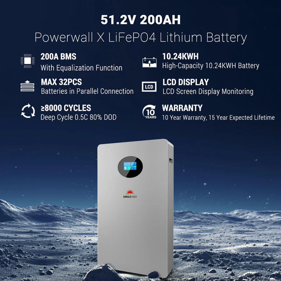 SunGoldPower 10.24kWh Powerwall Battery | 51.2V 200Ah LiFePO4 Battery | 10-Year Warranty