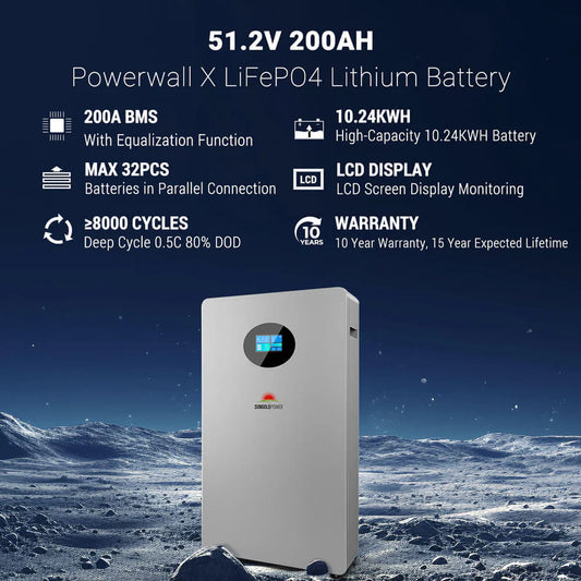 SunGoldPower 10.24kWh Powerwall Battery | 51.2V 200Ah LiFePO4 Battery | 10-Year Warranty