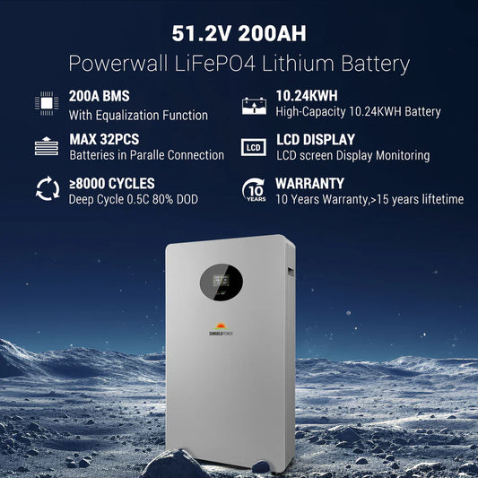 SunGoldPower 10.24kWh Powerwall Battery | 51.2V 200Ah LiFePO4 Battery | 10-Year Warranty