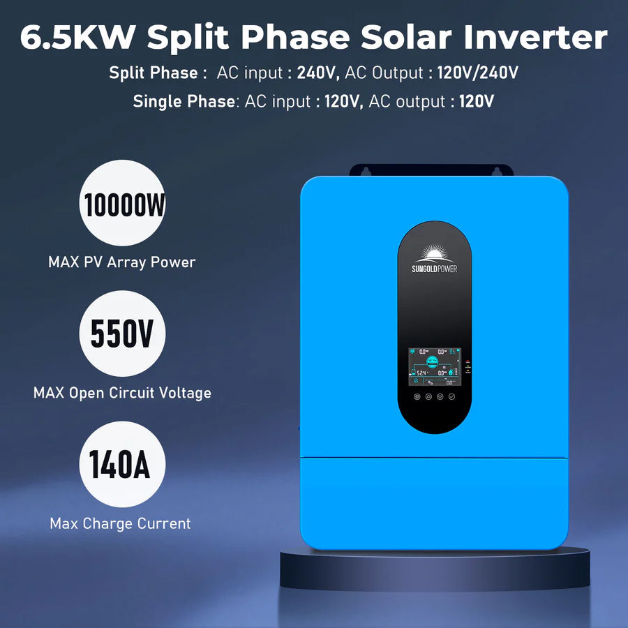SunGoldPower 6500W 48V Off-Grid Solar Inverter | Split Phase 120/240V | Dual MPPT | 2-Year Warranty