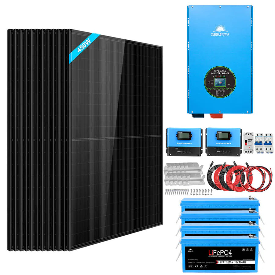 SunGoldPower Off-Grid Solar Kit- 12000W 48V 120V/240V Inverter + 10.24KWH Lithium Battery + 12 X 450 Watts Solar Panels SGK-12MAX