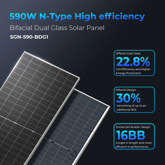 SunGoldPower 590 Watt Bifacial N-Type Monocrystalline Solar Panel | 30-Year Power Output Warranty | UL61730 CEC Listed