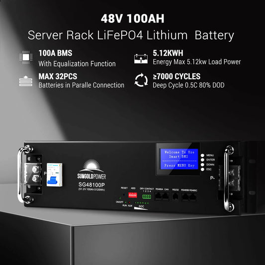 SunGoldPower 51.2kWh Server Rack Battery | 48V 100Ah LiFePO4 Battery | 10-Year Warranty | UL1973, UL9540A Certified