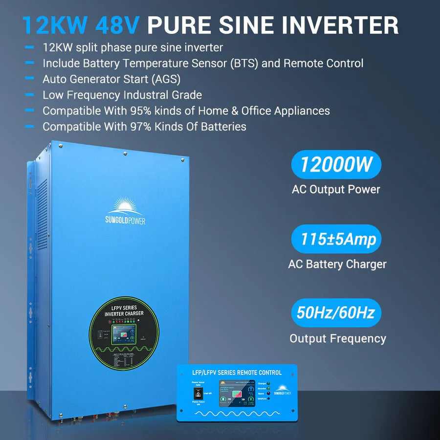 SunGoldPower Off-Grid Solar Kit- 12000W 48V 120V/240V Inverter + 10.24KWH Lithium Battery + 12 X 450 Watts Solar Panels SGK-12MAX