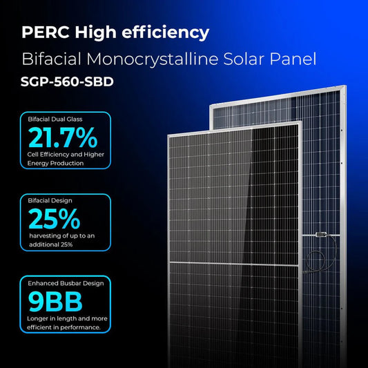 SunGoldPower 560W Bifacial PERC Solar Panel | 25-Year Power Output Warranty | UL61730 Certified