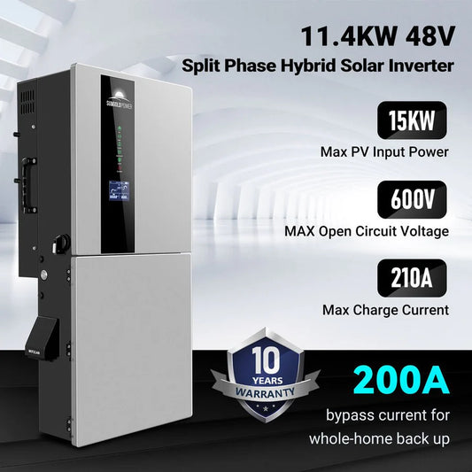 11.4kW 48V Split Phase Hybrid Solar Inverter | 120/240/208V | Whole Home Backup (200A) | 10-Year Warranty