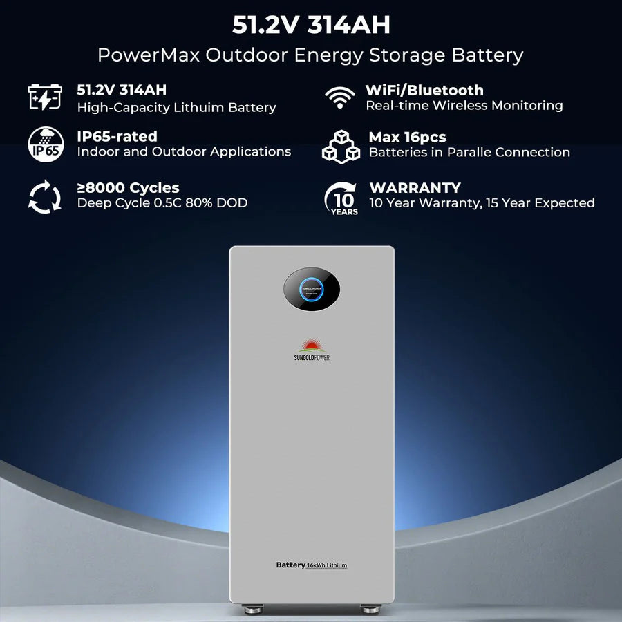 SunGoldPower 16.07kWh Outdoor Energy Storage Battery | 51.2V 314Ah LiFePO4 Battery | 10-Year Warranty | UL1973 & UL9540A