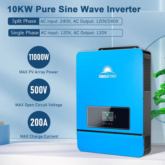 SunGoldPower 10KW 48V Off Grid Solar Inverter Charger | Split Phase 120/240V | Dual MPPT | UL1741 ETL Certified | 2-Year Warranty