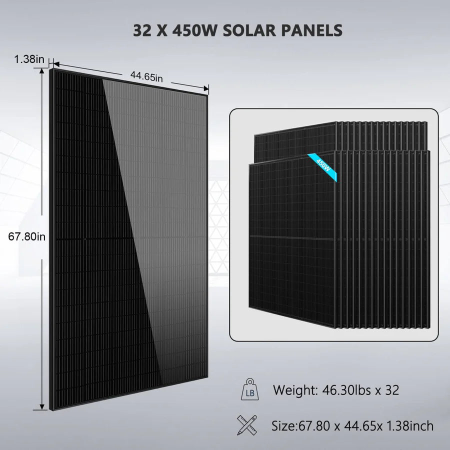 SunGoldPower Off-Grid Solar Kit- 20KW 48VDC Solar Inverter + 30.72KWH Lithium Battery + 32 X 450 Watts Solar Panels SGR-20K30E