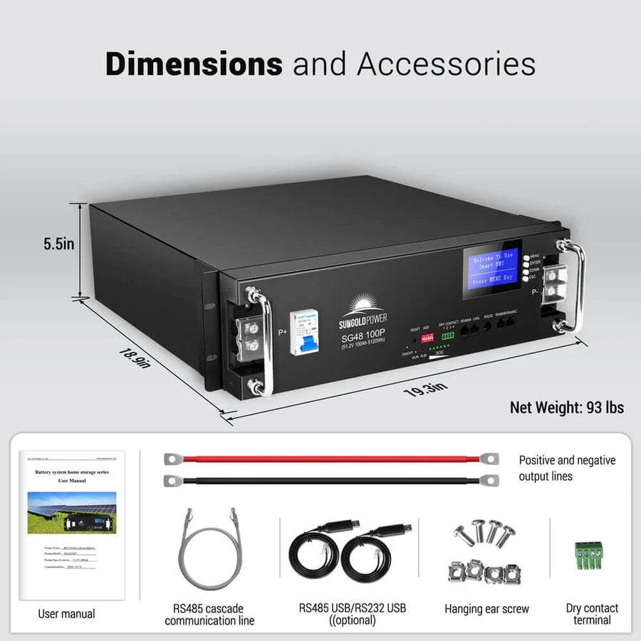 SunGoldPower 51.2kWh Server Rack Battery | 48V 100Ah LiFePO4 Battery | 10-Year Warranty | UL1973, UL9540A Certified