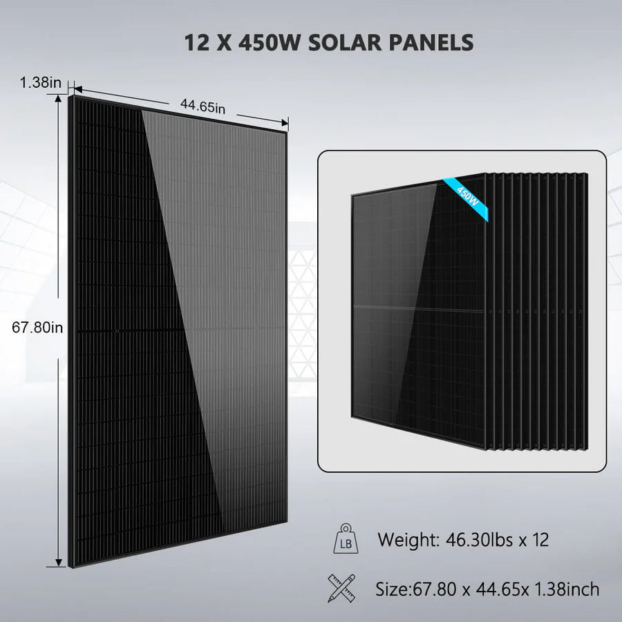 SunGoldPower Off-Grid Solar Kit- 12000W 48V 120V/240V Inverter + 10.24KWH Lithium Battery + 12 X 450 Watts Solar Panels SGK-12MAX